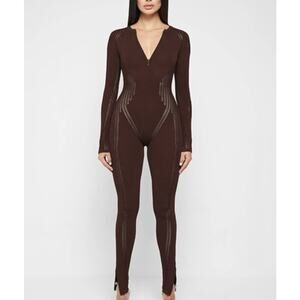 EUC Manière De Voir Knitted Contour Jumpsuit Brown Sz M Long Sleeve Zip Bodysuit